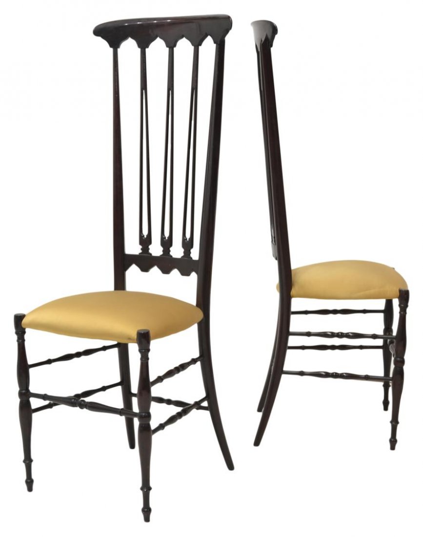 (PAIR) CHIAVARI ITALY HIGHBACK HALL CHAIRS: (pair) Chiavari highback side chairs, c. 1950, Italy, crest rails enclosing pierced splat, upholstered seat raised on turned legs joined by stretchers, 47"h, 16.5"w, 16.5"d Start Price: $300.00