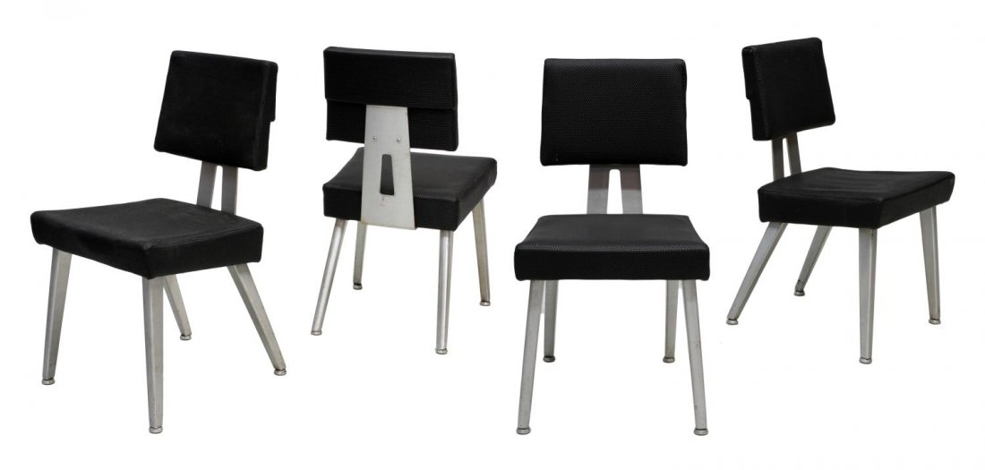 (4) MID-CENTURY MODERN GOODFORM ALUMINUM CHAIRS: (lot of 4) Modern Goodform aluminum and black vinyl side chairs, c. 1960's, catalog number 3040, interior padding seeming to be disintegrated, wear to aluminum finish, approx 31.75"h, 16.5"w, 18"d Sta