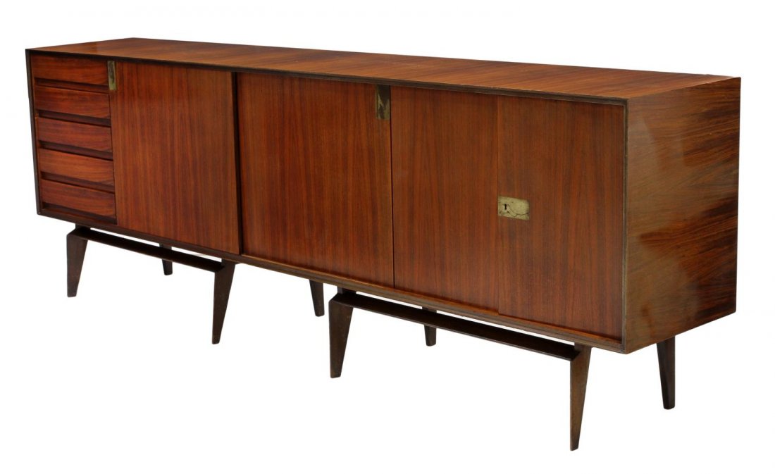 ITALIAN MID-CENTURY MODERN SIDEBOARD, DASSI: Italian mid-century modern sideboard, design by Vittorio Dassi (Milan, 1893-1973), rosewood and ebonized case of rectangular form having a bank of five drawers to one side, central sliding doors revea