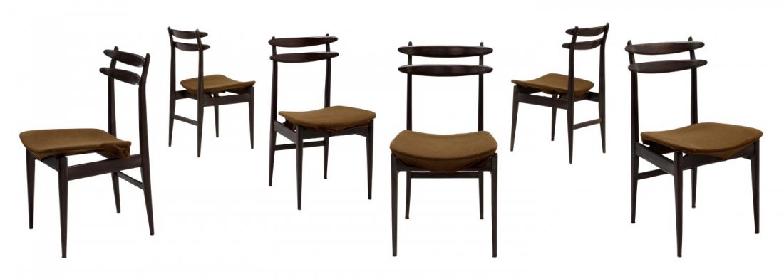 (6) ITALIAN MID-CENTURY MODERN SIDE CHAIRS, DASSI: (set of 6) Italian mid-century modern teakwood side chairs, c. 1960, design attributed to Vittorio Dassi (Milan, 1893-1973), vertical slat back over black upholstered seat, raised on tapered turned su