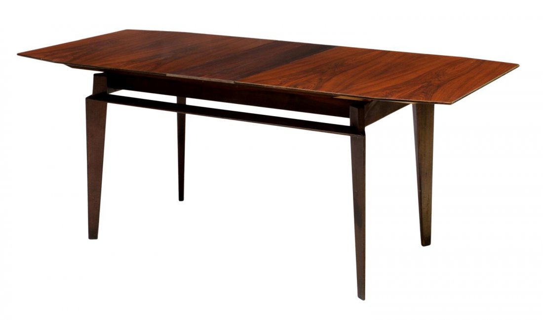 ITALIAN MID-CENTURY DINING TABLE, VITTORIO DASSI: Italian mid-century dining table, design attributed to Vittorio Dassi (Milan, 1893-1973), a rosewood veneered shaped top raised on four tapered supports, joined by upper stretchers, with one 12" leaf,