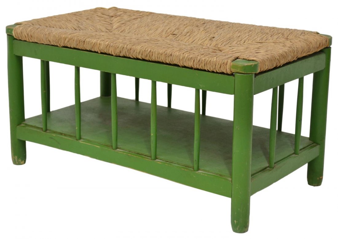 SPAIN PAINTED GREEN & RUSH TOP BENCH OR TRUNK: Spanish bench/trunk in green paint, the rush top opening to storage, spindle and round supports, 16.5"h, 31.5"w, 17.25"d Start Price: $50.00