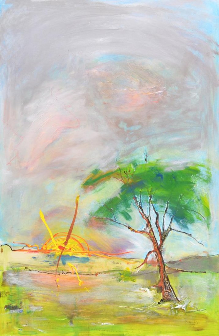 MODERN PAINTING, A SUNSET, JOHN FINLEY: Framed modern painting on canvas, Sunset, signed and dated lower right Finley 99 (John Finley, American, b. 1946), signed and dated verso, sight: 35.5"h, 23.5"w, overall: 39.5"h, 27.5"w, 7lbs Start Pr