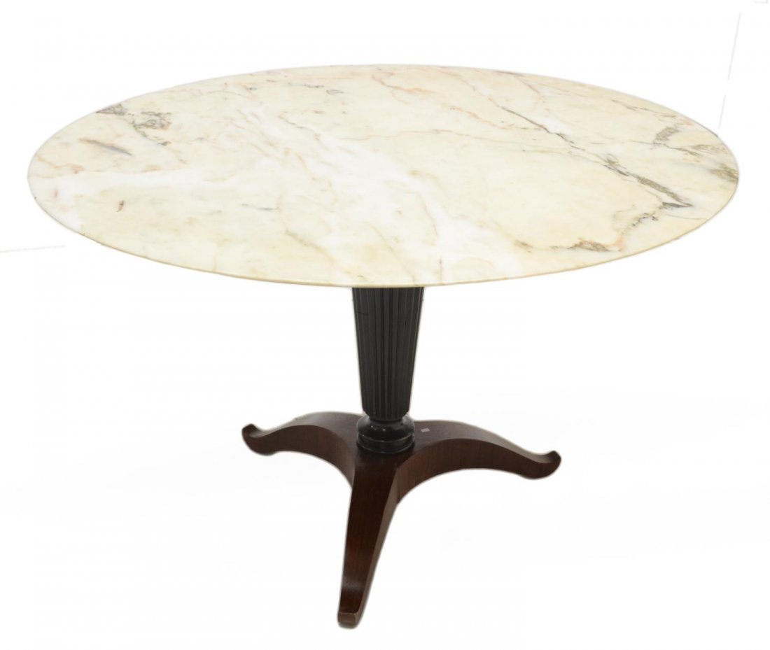 ITALIAN MID-CENTURY MODERN DINING TABLE, P. BUFFA: Italian mid-century modern dining table, c. 1950, in the manner of Paolo Buffa (Italian, 1903-1970), a circular marble top, resting on a central ribbed pedestal on tripodal legs, 30"h, 47.25"diam Star