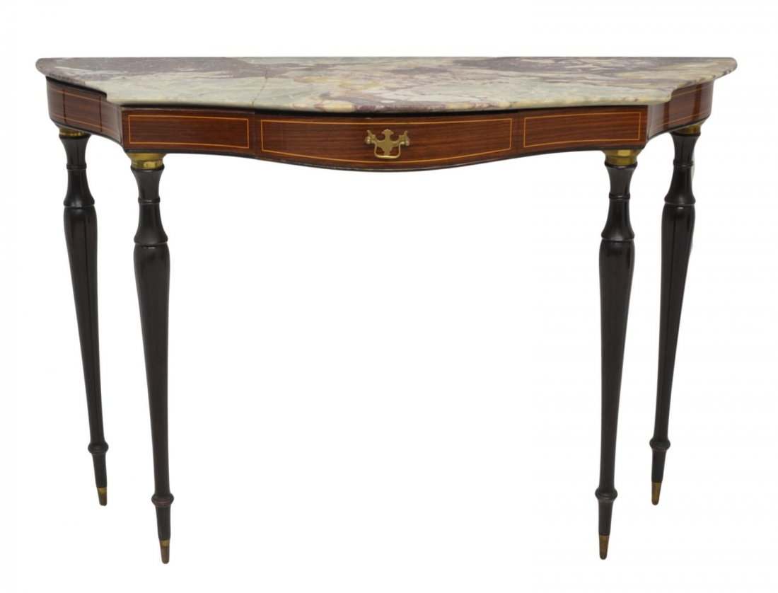 ITALIAN MID-CENTURY MODERN MARBLE TOP CONSOLE: Italian mid-century modern marble top console, c. 1950, in the style of Paolo Buffa (Italian, 1903-1970), the veined marble top with restoration, over a single drawer with string inlay, ebonized legs