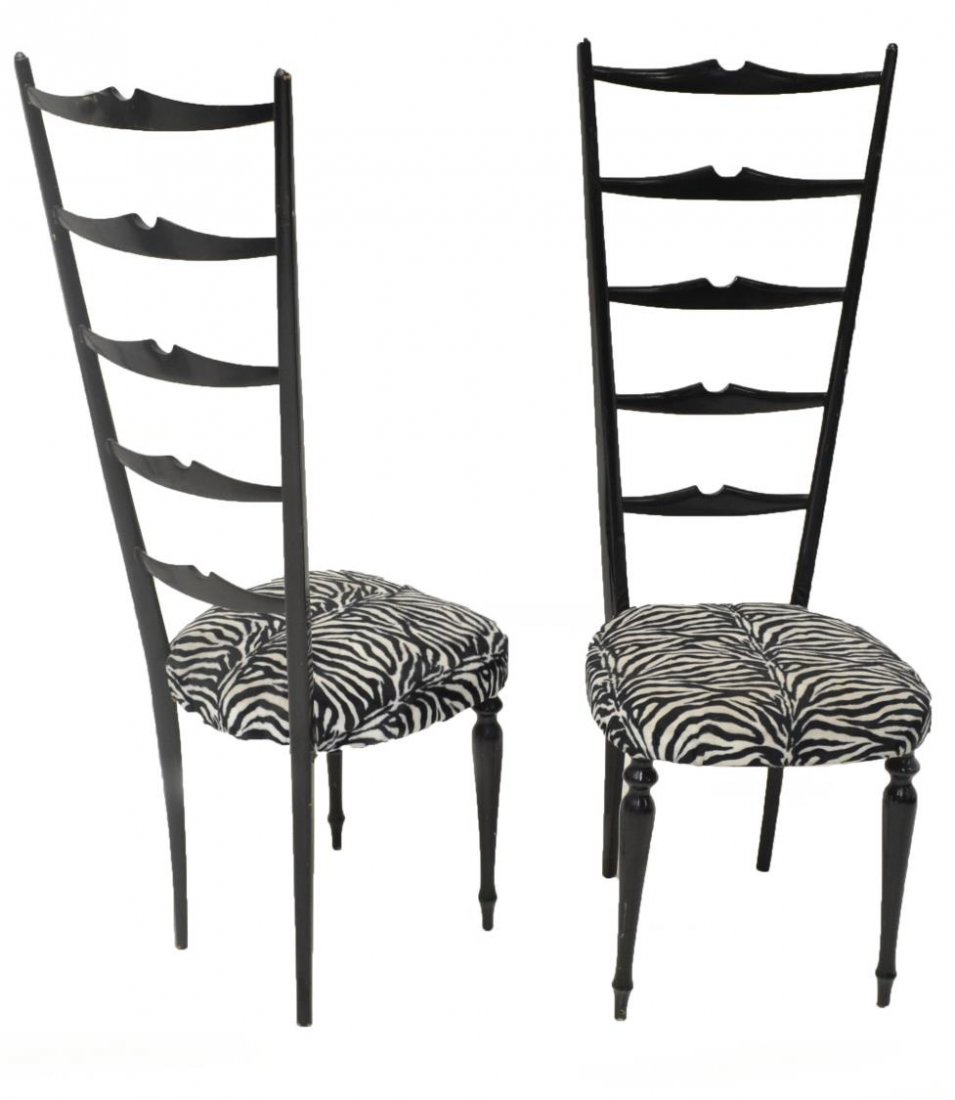 ITALIAN MID-CENTURY SIDE CHAIRS, MERONI & FOSSATI: (pair) Italian mid-century side chairs, c. 1950's/60's, design by Meroni and Fossati, Lissone, graduated slat back over zebra upholstered seat, two front tapered supports terminating in arrow feet, so