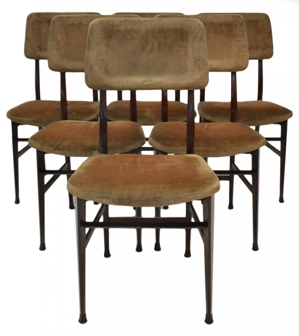 (6) ITALIAN MID-CENTURY SIDE CHAIRS, V. DASSI: (set of 6) Italian mid-century side chairs, design by Vittorio Dassi (Milan, 1893-1973), upholstered back and seat rising on tapered supports joined by stretchers, spotting /wear to upholstery, 35.25"