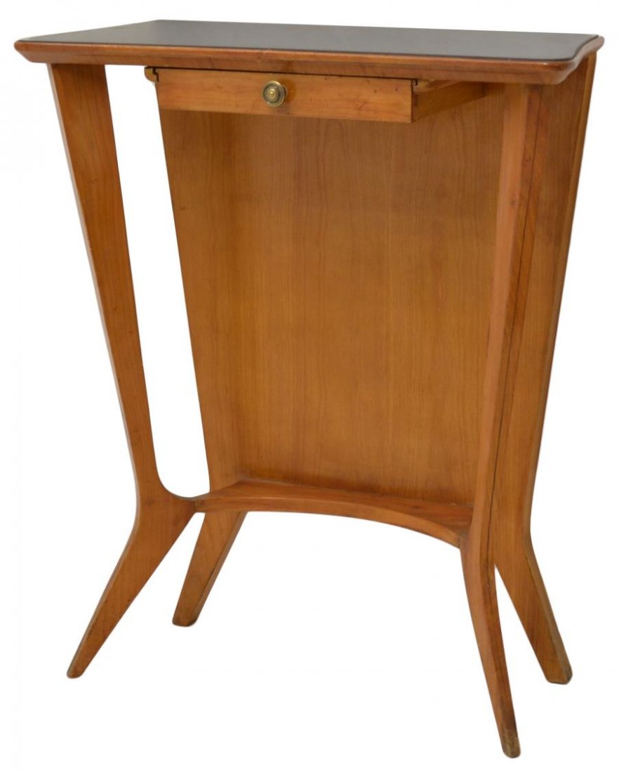 ITALIAN MID-CENTURY MODERN GLASS TOP CONSOLE TABLE: Italian mid-century modern wood console table, c. 1960, the shaped smokey glass top over a single drawer, rising on tapered angular supports, 31.5"h, 28"w, 10.25"d Start Price: $150.00