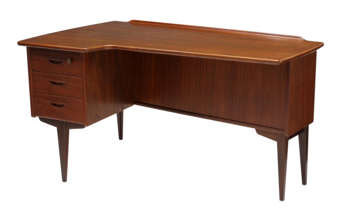 ITALIAN MID-CENTURY MODERN WING TOP WRITING DESK: Italian mid-century modern teak wood writing desk, design attributed to Claudio Salocchi for Sormani, a wing shaped top over three drawers, the front side with drop door and bookcase, rising on tapere