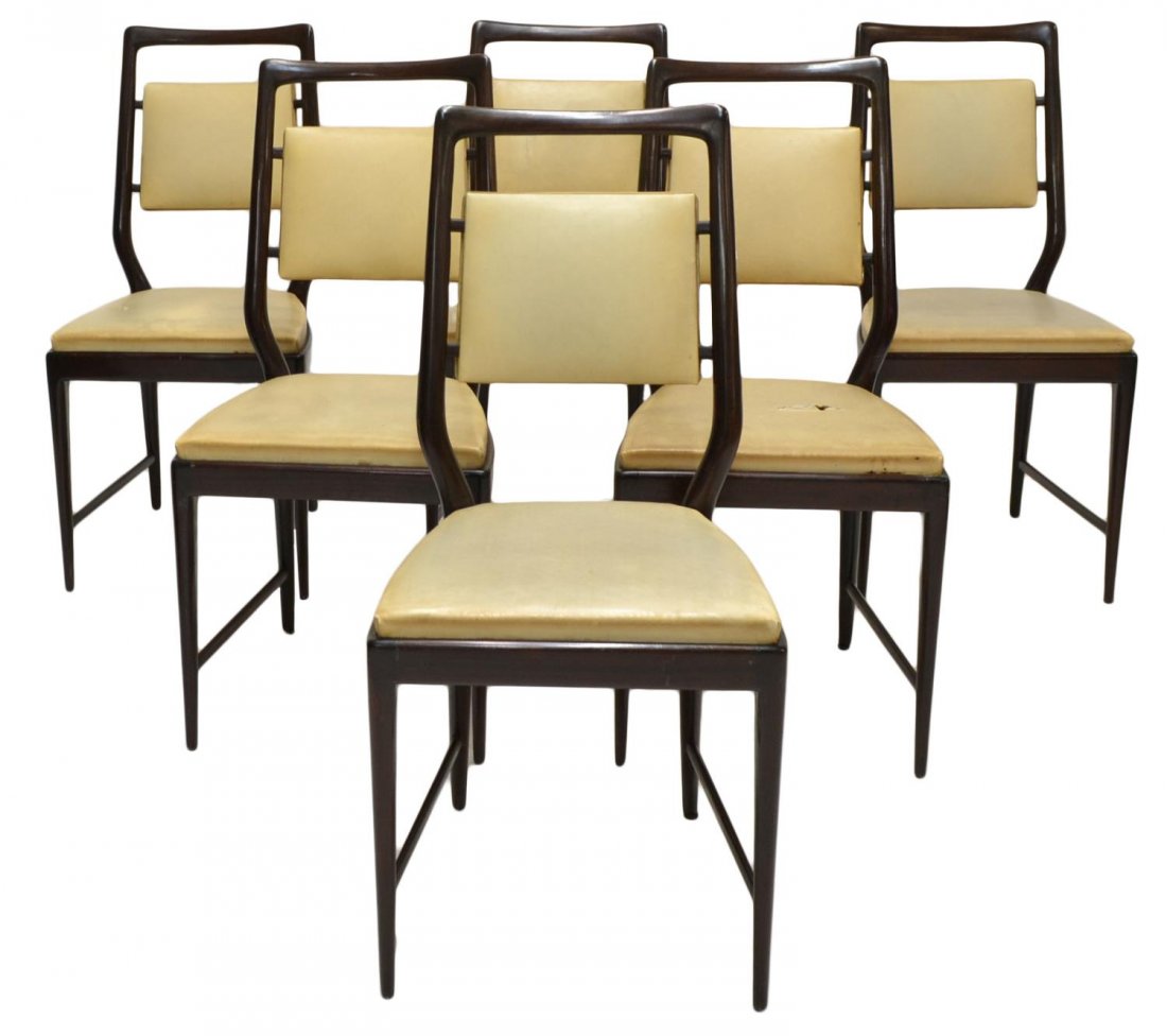 (6) VITORRIO DASSI MID-CENTURY MODERN SIDE CHAIRS: (set of 6) Italian mid-century modern side chairs, design by Vittorio Dassi (Milan, 1893-1973), upholstered back and seat with nail head accents, tapered supports joined by stretchers, one with tear t