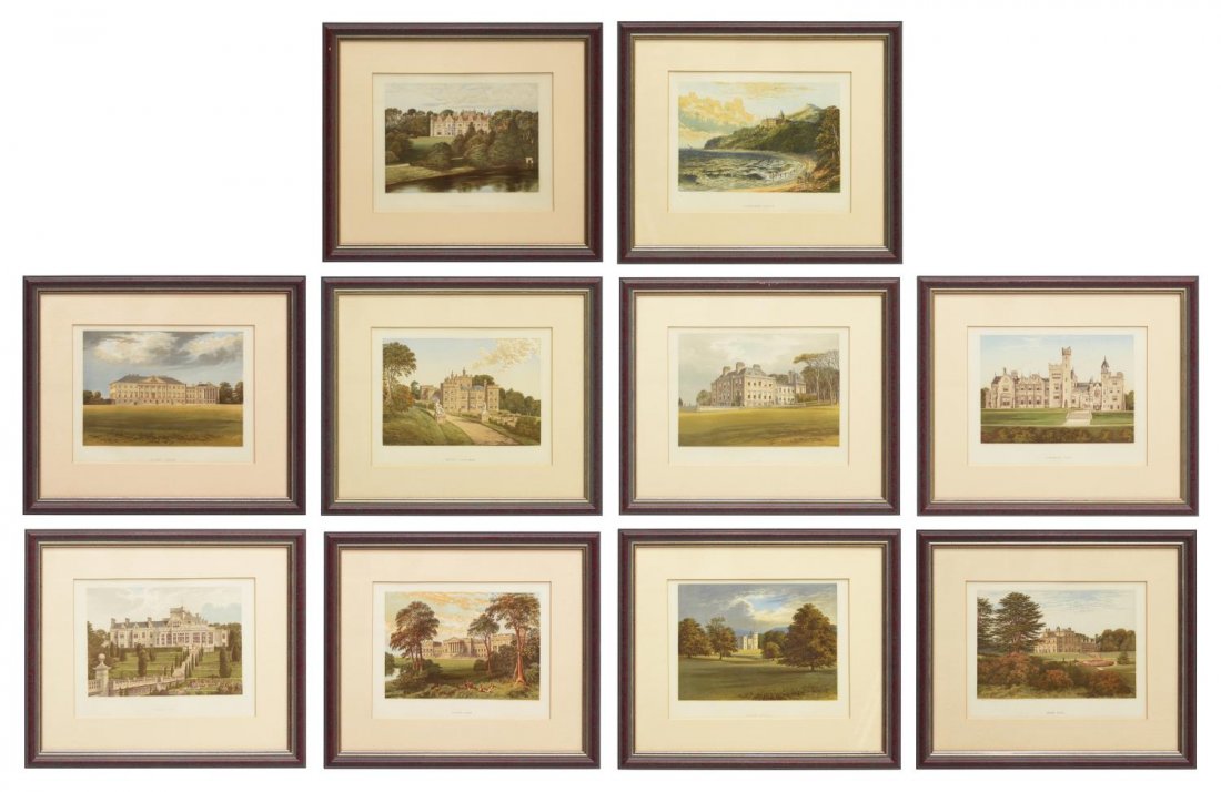 (10)FRAMED PRINTS, HOMES OF NOBLEMEN GREAT BRITAIN: (lot of 10) Framed, matted color plates taken from various volumes of "County Seats of the Noblemen and Gentlemen of Great Britain and Ireland" edited by F.O. Morris, published by William Mackenzie, L