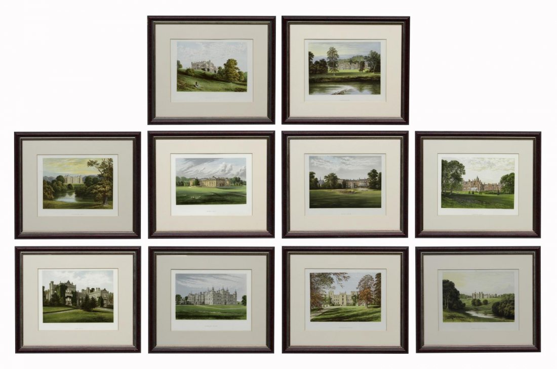 (10)FRAMED PRINTS, HOMES OF NOBLEMEN GREAT BRITAIN: (lot of 10) Framed, matted color plates taken from various volumes of "County Seats of the Noblemen and Gentlemen of Great Britain and Ireland" edited by F.O. Morris, published by William Mackenzie, L