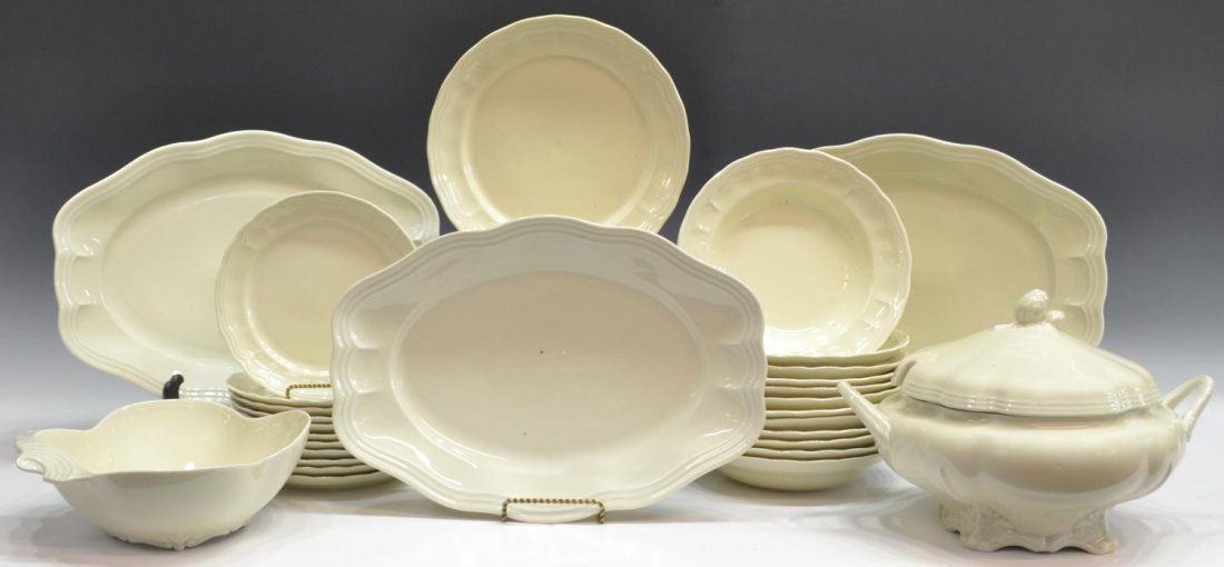 (49) SPANISH CREAM PORCELAIN DINNER SERVICE: (set of 49) Bidasoa porcelain dinner service, Spain, border with scrolled geometric designs in relief, comprising: (21) dinner plates, 10"dam; (11) salad plates, approx 8"diam; (12) bowls, 1.75"h, 9"d