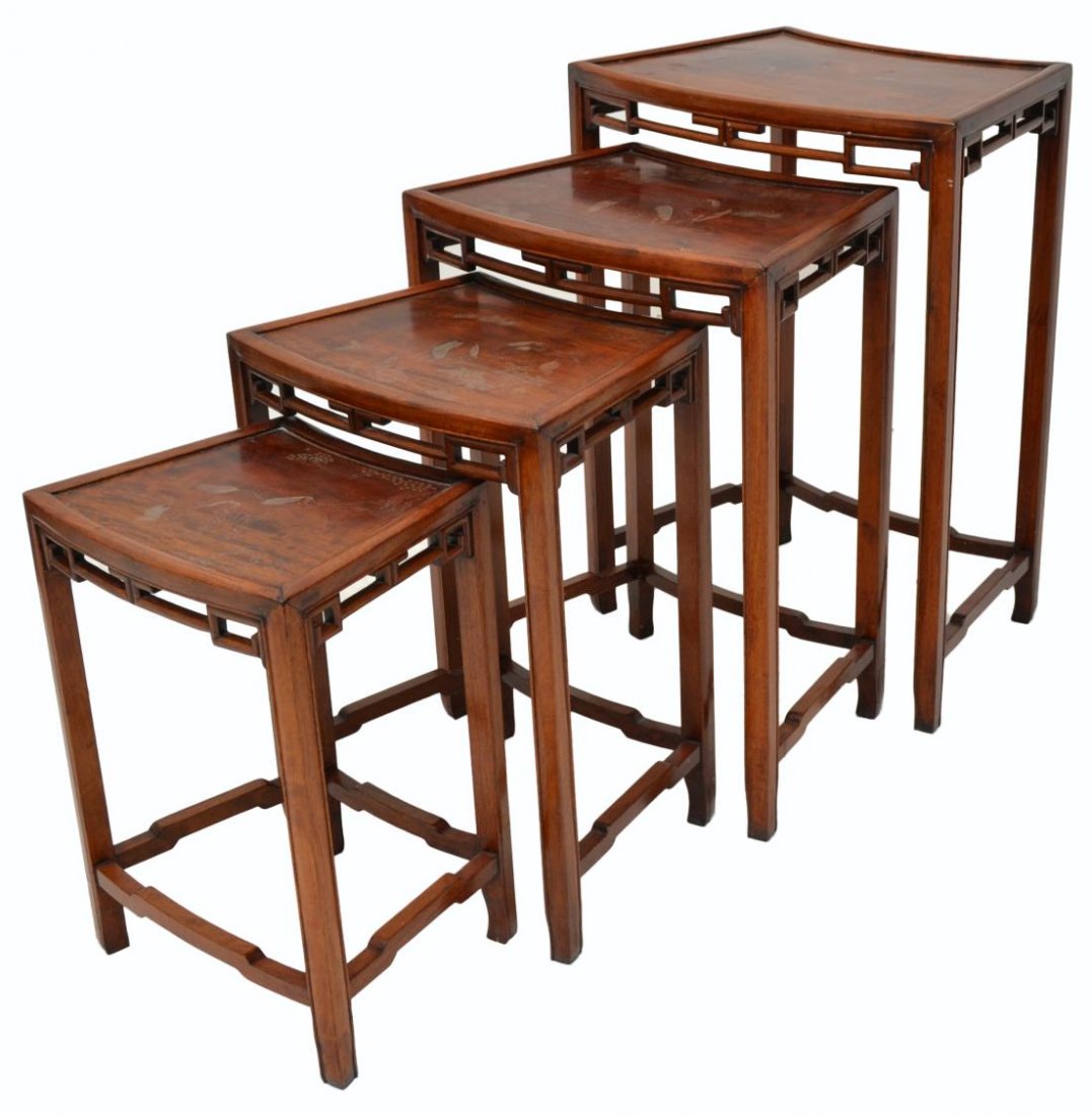 (4) CHINESE WIRE INLAID ROSEWOOD NEST OF 4 TABLES: (set of 4) Chinese nesting tables, inlaid wire design depicting horses amid various landscapes on each shaped top, open fret work apron, raised on four supports, joined by stretchers, largest: 27"h, 2