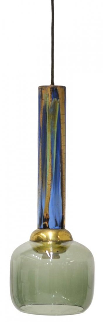 ITALIAN MID-CENTURY MODERN PAINTED CEILING LIGHT: Italian mid-century modern one-light hanging lamp, parcel gilt and blue toned painted standard terminating in a smokey glass shade, in need of wiring, approx 18.75"h, 6.5"w Start Price: $100.00