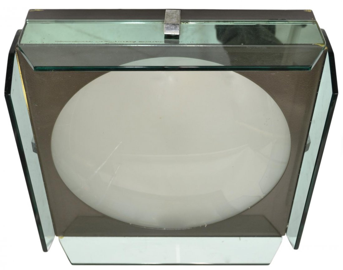 ITALIAN VECCA MID-CENTURY MODERN CEILING LAMP: Italian mid-century modern three-light ceiling lamp, Vecca, c. 1960's, black metal frame with four tinted grey glass panels enclosing a dome shade, retaining makers tag, in need of wiring, overall wit