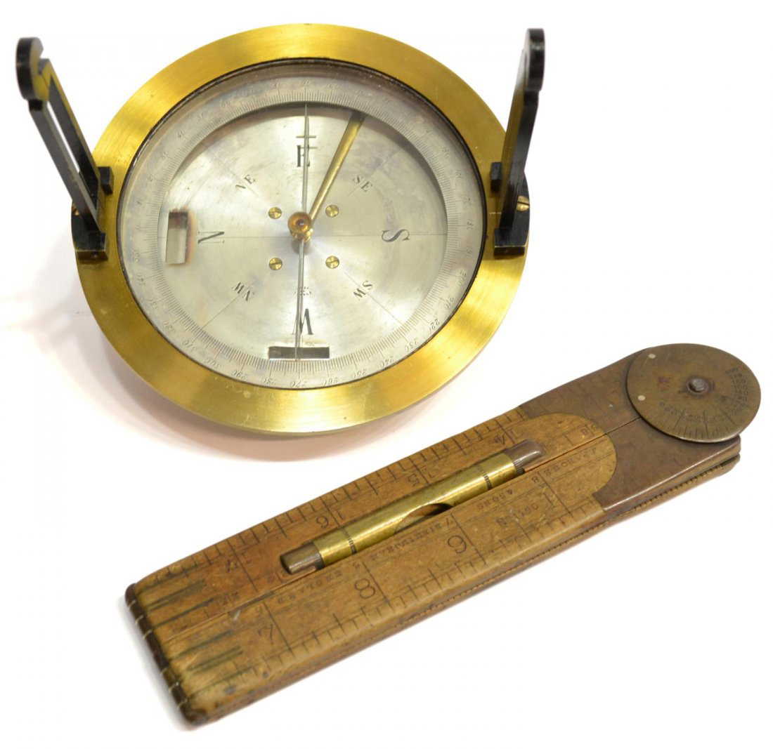 (2) ANTIQUE FRENCH BRASS COMPASS & FOLDING RULER