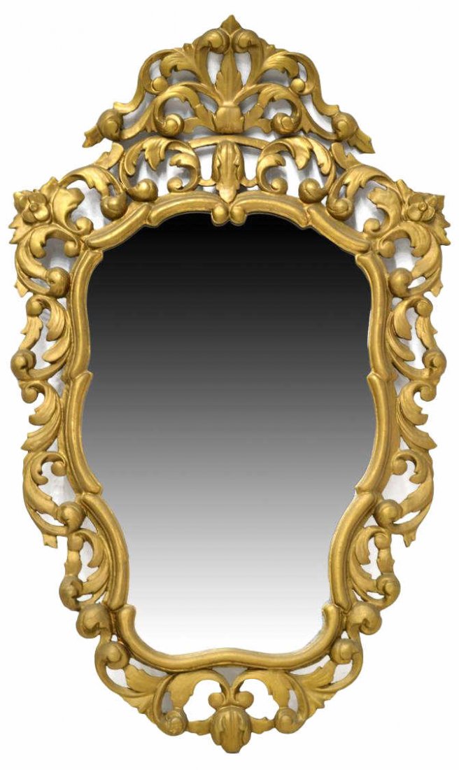 ANTIQUE SPAIN GILTWOOD FOLIATE CARVED WALL MIRROR: Antique gilded and carved wood wall mirror, Spain, having a pierced crest surmounting a foliated frame, flat mirror plate, approx 38"h, 27"w, 11lbs Start Price: $80.00
