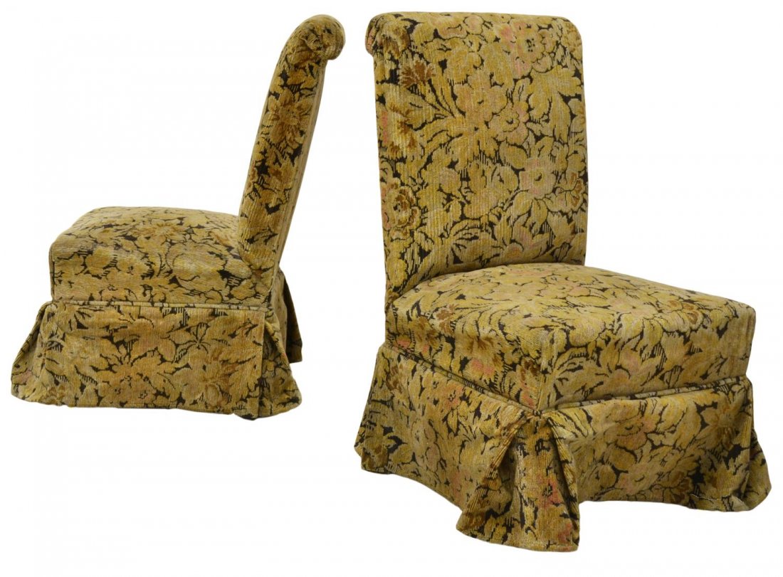 (PAIR) DIMINUTIVE UPHOLSTERED SLIPPER CHAIRS: (pair) Diminutive upholstered slipper chairs, covered turned supports terminating in blunt arrow feet, 31.75"h, 18"w, 20.5"d Start Price: $80.00