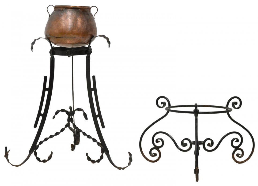 (3) SPAIN CAST IRON PLANTERS & COPPER POT: (lot of 3) Spanish iron group: (1) stand with twist supports and foliate accents, (1) stand with scrolled supports, largest: 25"h, 25"w; together with (1) copper pot, accommodating both stands, 8"h, 1