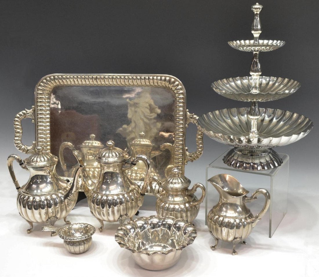 (9)SPAIN ALPACA & SILVERPLATE SERVICEWARE, TEA SET: (lot of 9) Alpaca and plated metal serviceware, Spain, of similar design, comprising: (7pc) coffee and tea service, all in a melon rib motif, (1) rectangular handled service tray, (2) kettles, (1) lid