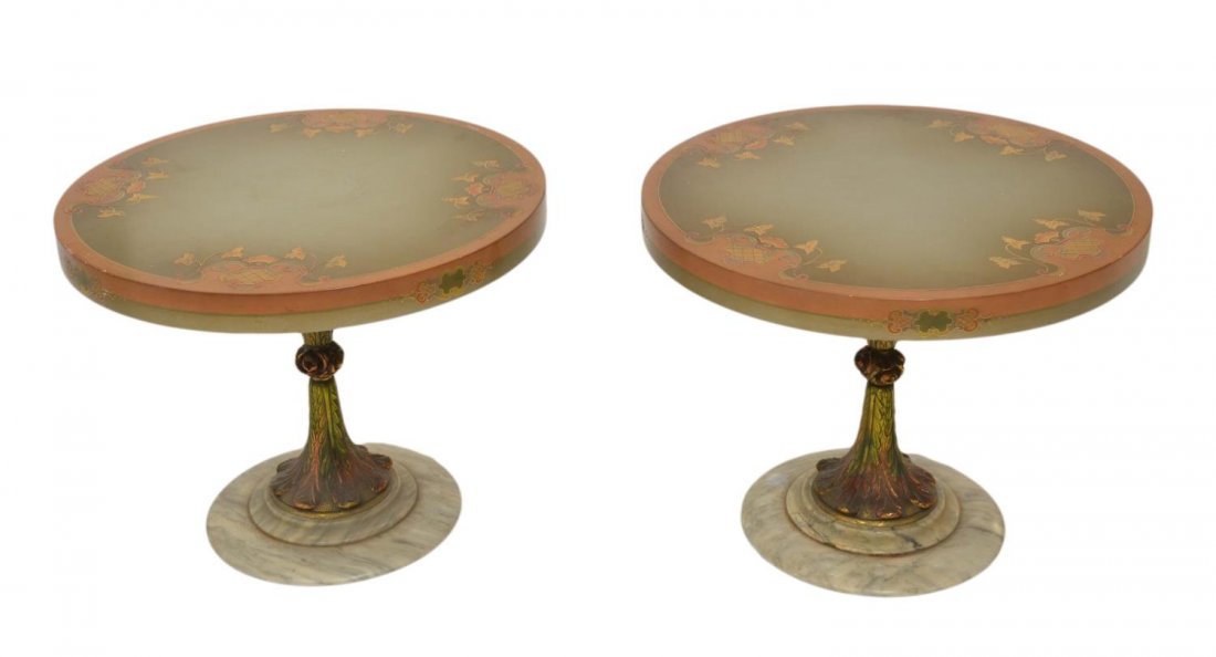 (PAIR) NORTHERN SPAIN PARCEL GILT SIDE TABLES: (pair) Northern Spain parcel gilt occasional tables, a circular floral painted top on a foliated polychrome patinated metal standard, all raised on a marble base, 17.25"h, 21.5"diam Start Price: $150.