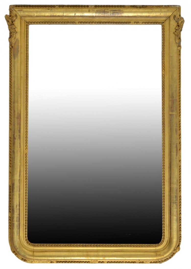 LARGE ANTIQUE GILTWOOD & GESSO WALL MIRROR: Large antique giltwood and gesso wall mirror, Spain, c. 1900, beaded trim on the arched frame, losses to trim, gilding and of silver, wood backing, approx 57"h, 38"w, 52.5lbs Start Price: $100.00