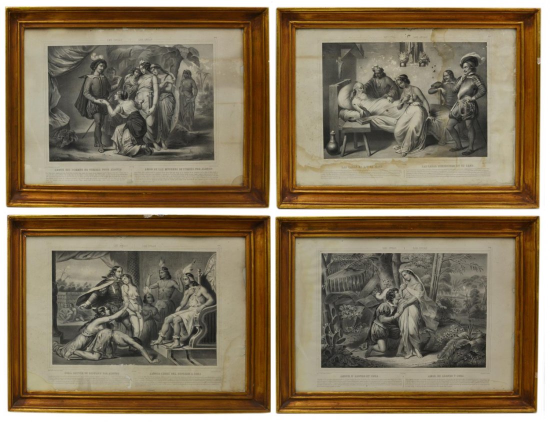 FRAMED ANTIQUE LITHOGRAPHS, LES INCAS, TURGIS: (lot of 4) Framed antique lithographs, Les Incas / Los Incas, possibly scenes from the work 'Alonzo and Cora (Marmontel's Incas, or the Destruction of the Empire of Peru), titles include: (1) Amour D'