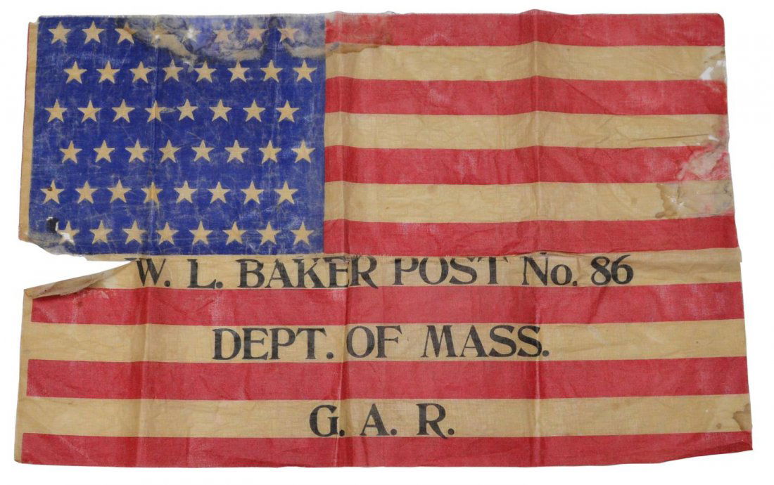 G.A.R. MASSACHUSETTS 48 STAR POST PARADE FLAG: Grand Army of the Republic 48 star flag,marked " W.L. Baker Post No. 86, Dept. of Mass, G.A.R. (William L. Baker Post, Norhampton, Massachusetts), tears, holes, stains, 17.25"h, 27"w Start Price: $100