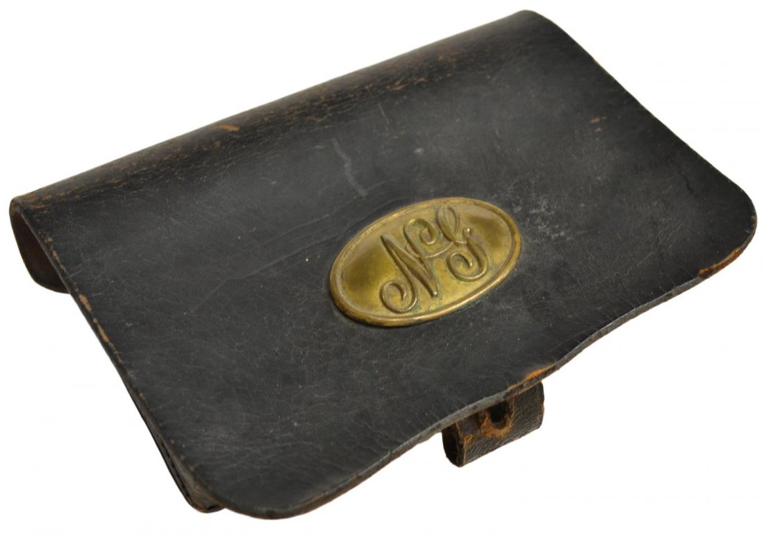 NEW JERSEY CIVIL WAR MILITIA FUSE POUCH: Civil War militia fuse box or pouch with New Jersey brass cartouche, 5"h, 6.75"w, 1.5"d Start Price: $100.00