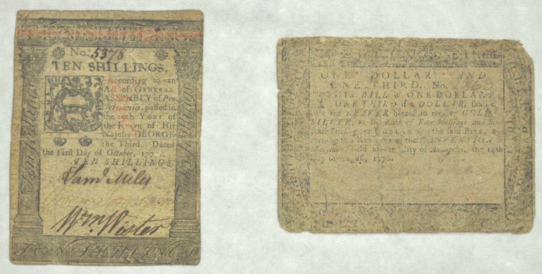 (2) PENNSYLVANIA & MARYLAND COLONIAL ERA CURRENCY: (lot of 2) Framed Colonial paper currency: (1) Pennsylvania, Ten Shillings note, October 1773, numbered 5378, signed Sam Miles, William Wister, faded signature of Owen Jones, Jr., approx: 3.75"h, 2.75