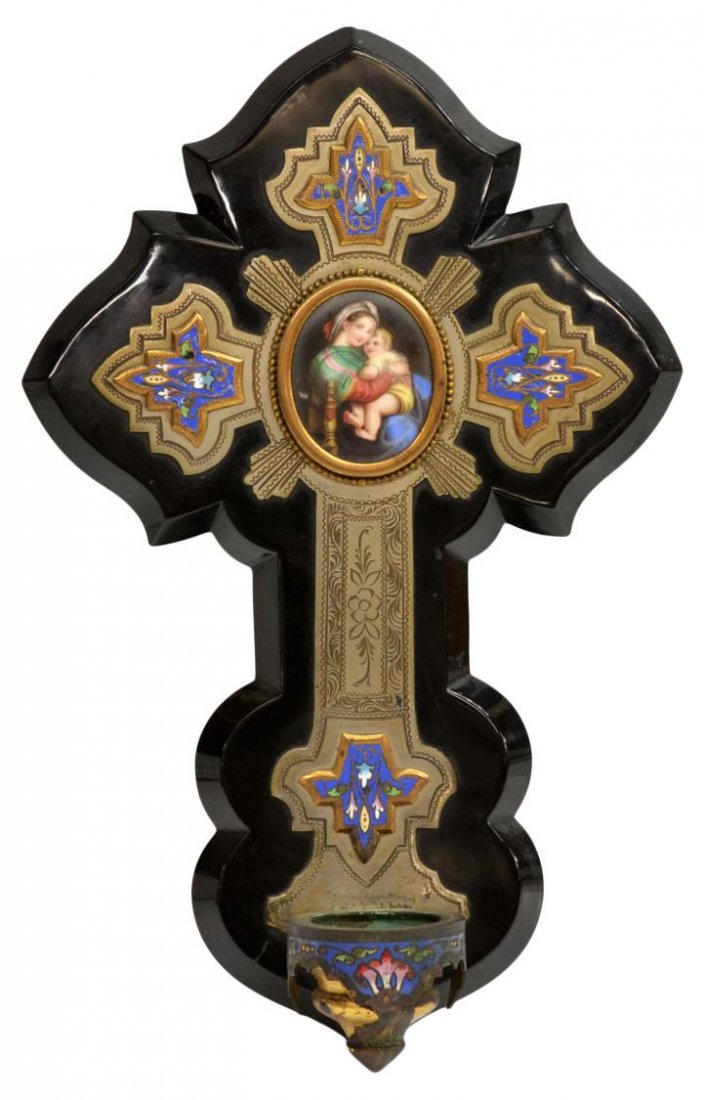 ANTIQUE CHAMPLEVE & MARBLE HOLY WATER FONT: Continental champleve holy water font, late 19th c., central hand-painted porcelain plaque depicting the Madonna and Child, backed by incised metal cross, all mounted on black marble, minor marble los