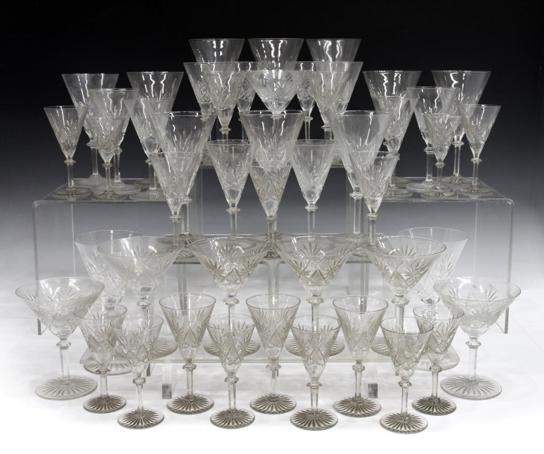 (47) VAL ST LAMBERT CUT GLASS STEMWARE SERVICE: (lot of 47) Val Saint Lambert cut glass stemware service, Berncastel or Eurydice pattern, comprising: (12) water goblets, 7"h; (7) champagne/sherbet glasses, 5.25"h; (2) claret wine glasses, 6"h; (8) 