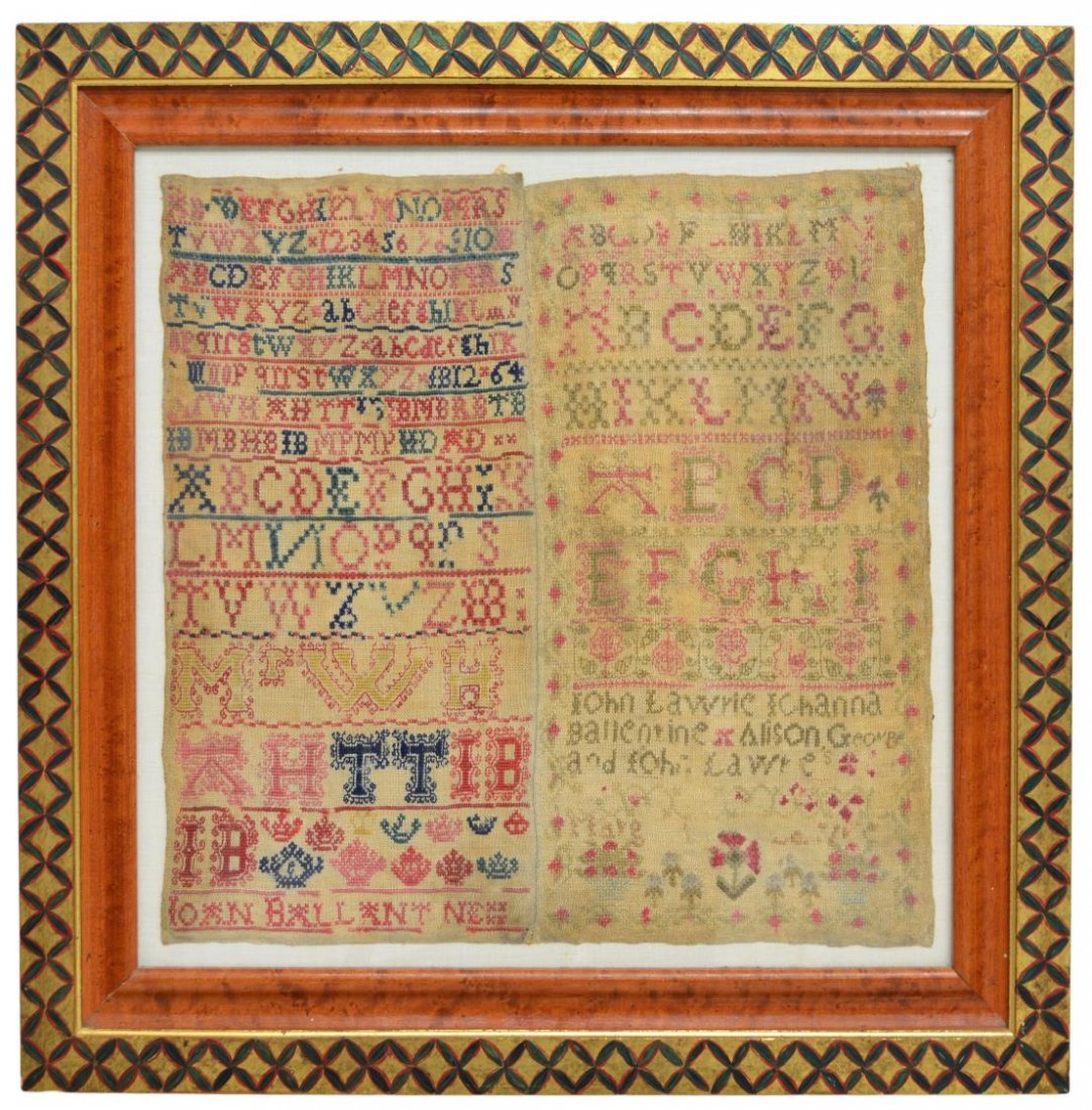 FRAMED 18TH C. SCOTTISH DOUBLE SAMPLER: Framed Scottish needlework sampler, Melrose, Roxburgh, Scotland, 18th /19th c., presented under glass, each with upper and lower case letters, colorful pattern bands between each line, the piece on th