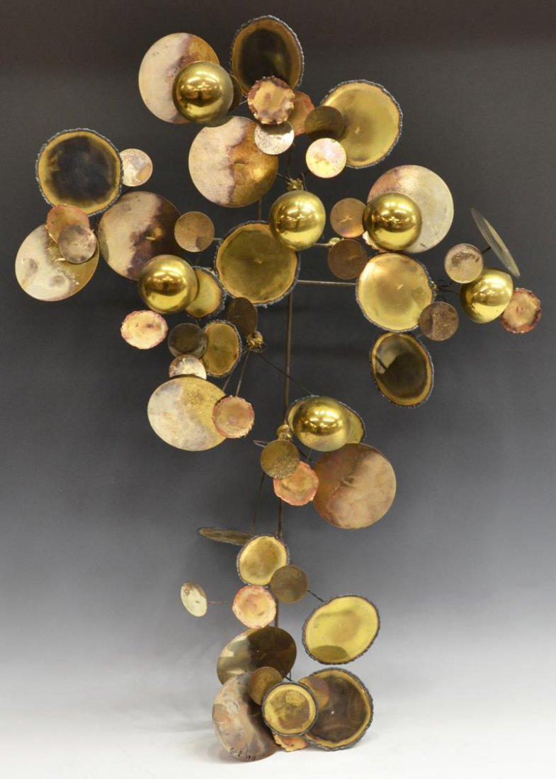 MODERN STEEL SCULPTURE, RAINDROPS, CURTIS JERE: Modern steel wall mount sculpture, "Raindrops", signed, dated on lower disc C. Jere, 1971 (Curtis Jere, Artisan House, a combination of its' founder names Kurtis Freiler, c.1910-2013 and Jerry Fels 19