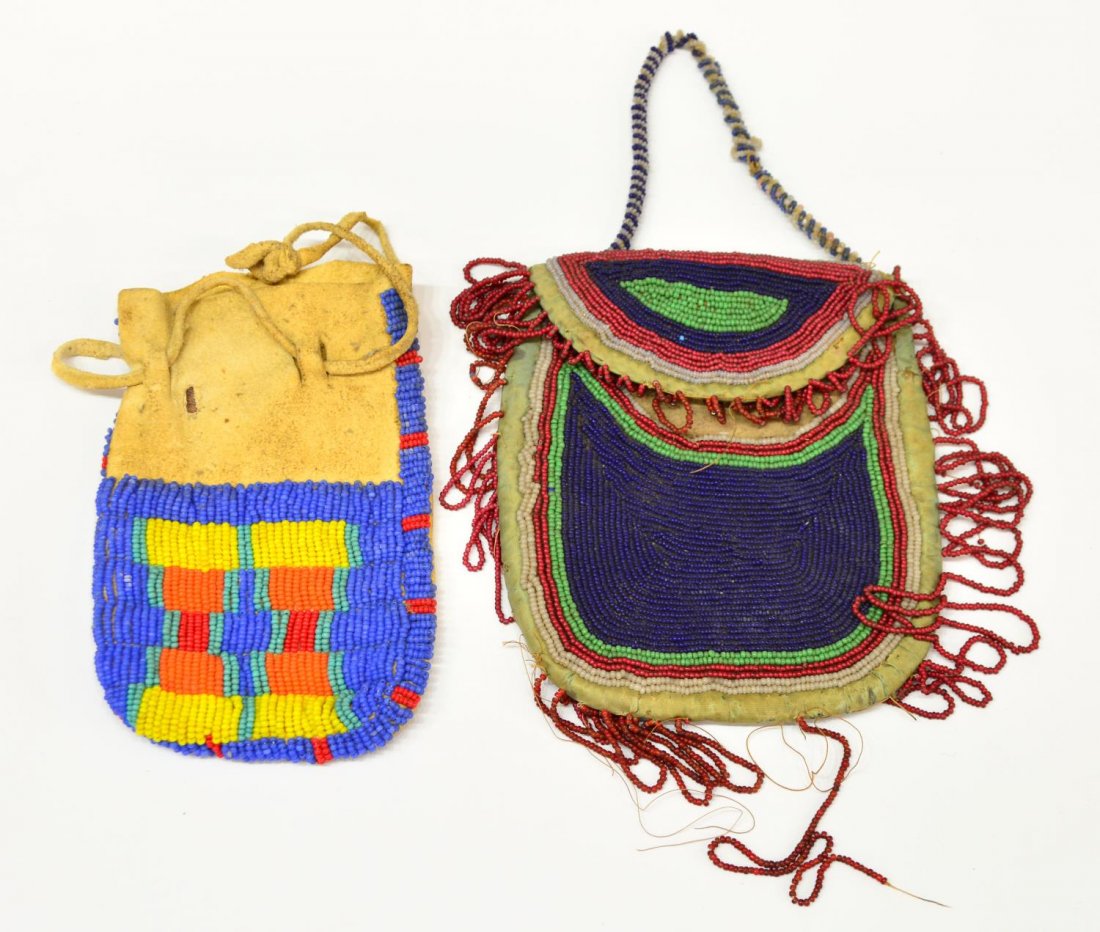 (2) SOUTHWEST NATIVE AMERICAN BEADED POUCHES: (lot of 2) Southwest Native American beaded leather pouches: (1) Plains drawstring bag, post WWII, blue, orange, yellow, red and turquoise color beads to the front, staining,6.5"l, 4"w; (1) antique Pl