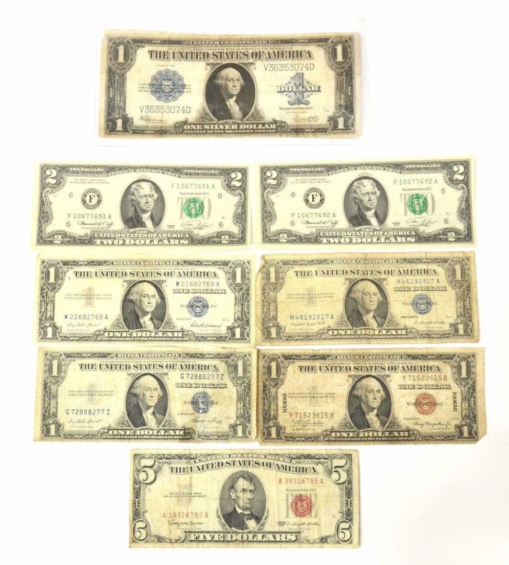 U.S. CURRENCY, OVERSIZE BILLS, SILVER CERTIFICATES: (lot of 9) U.S. Currency: (1) oversize two dollar bill, series 1917; (1) oversize one dollar bill, silver certificate, series 1923; (1) five dollar bill, red seal, series 1963; (2) two dollar bills, s