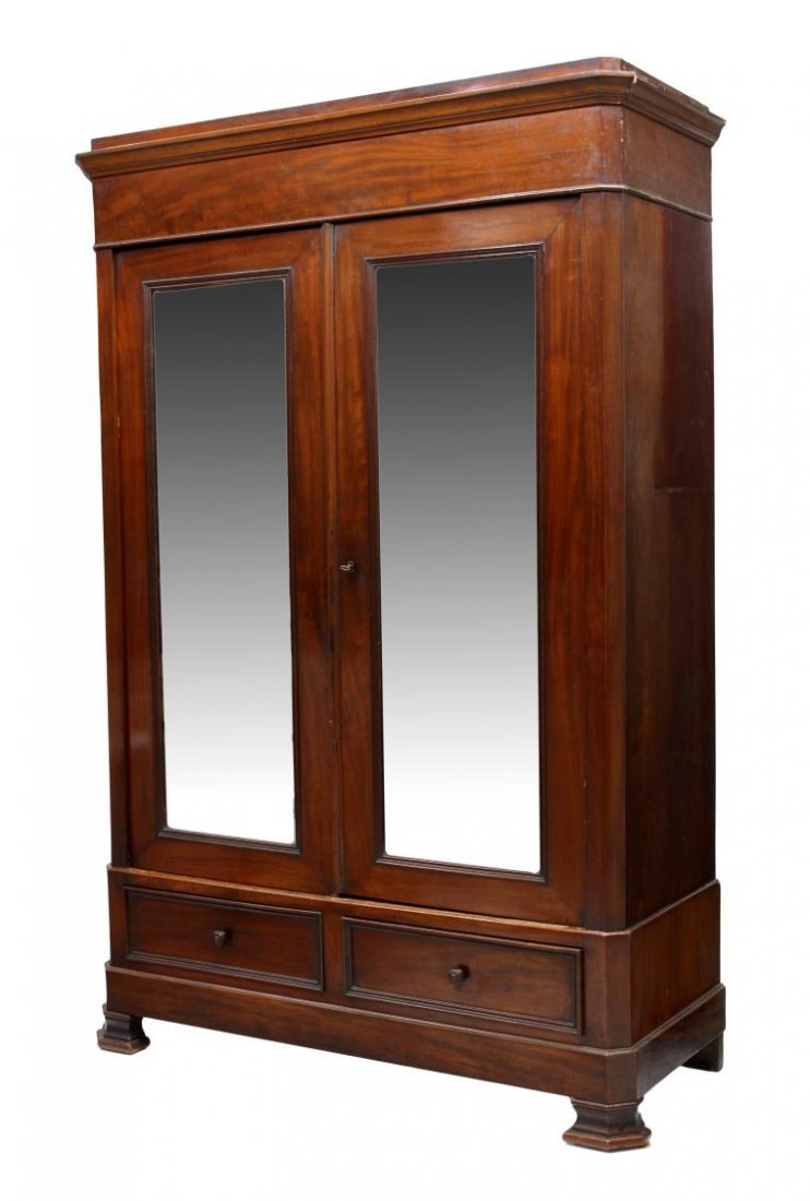 FRENCH MAHOGANY MIRRORED ARMOIRE: French mahogany armoire, c. 1900, a stepped cornice over two mirrored doors opining to the interior, two lower drawers, rising on stepped block feet, restoration and loss to trim on door, 89"h, 59.5"w