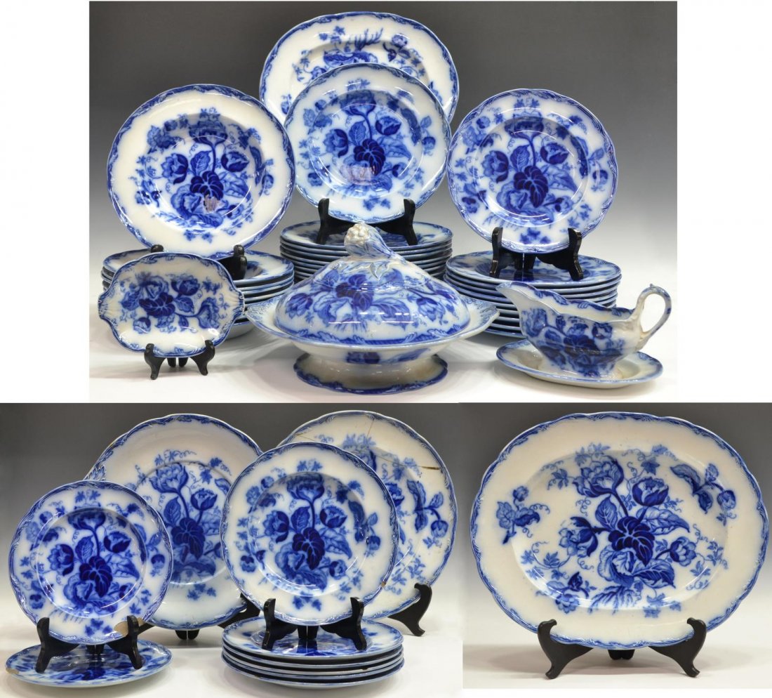 (48) WEDGWOOD 'WATER NYMPH' FLOW BLUE DINNERWARE: (set of 48) Wedgwood flow blue dinner service, 'Water Nymph' pattern, late 19th c., comprising: (14) dinner plates, two with flakes to rim as pictured, 9.5"diam; (10) lunch plates, 8.75"diam; (9) cere