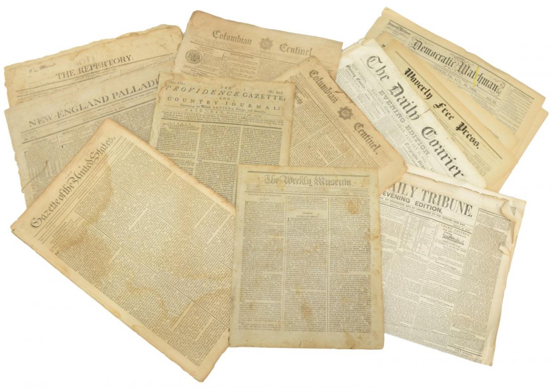 (12) ANTIQUE NEWSPAPERS, 1779-1892: (lot of 12) Antique newspapers, comprising: (1) The Providence Gazette and Country Journal (Providence, Rhode Island), September 18, 1779, reports on broad expeditions in America as well as the curren