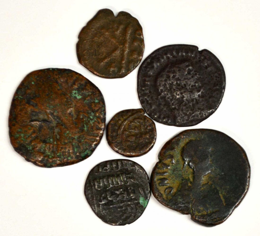 (6) ANCIENT ROMAN, BYZANTINE EMPIRE COINS, OTHERS: (lot of 6) Ancient coins: (1) Roman Diocletian era (284-305AD); (3) early Byzantine Empire; (2) not identified Start Price: $50.00