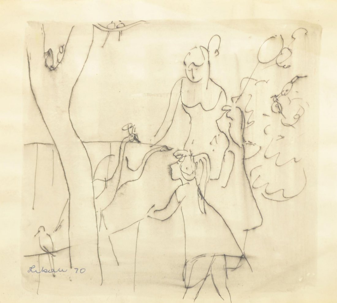 PASTEL ON PAPER, "AT THE ZOO", GUSTAV LIKAN: Framed pastel on paper, "At the Zoo", signed and dated lower left Likan 70 (Gustav Likan, Yugoslavia, Illinois, Texas 1912-1998), retaining information paper with title, date and artist signature vers