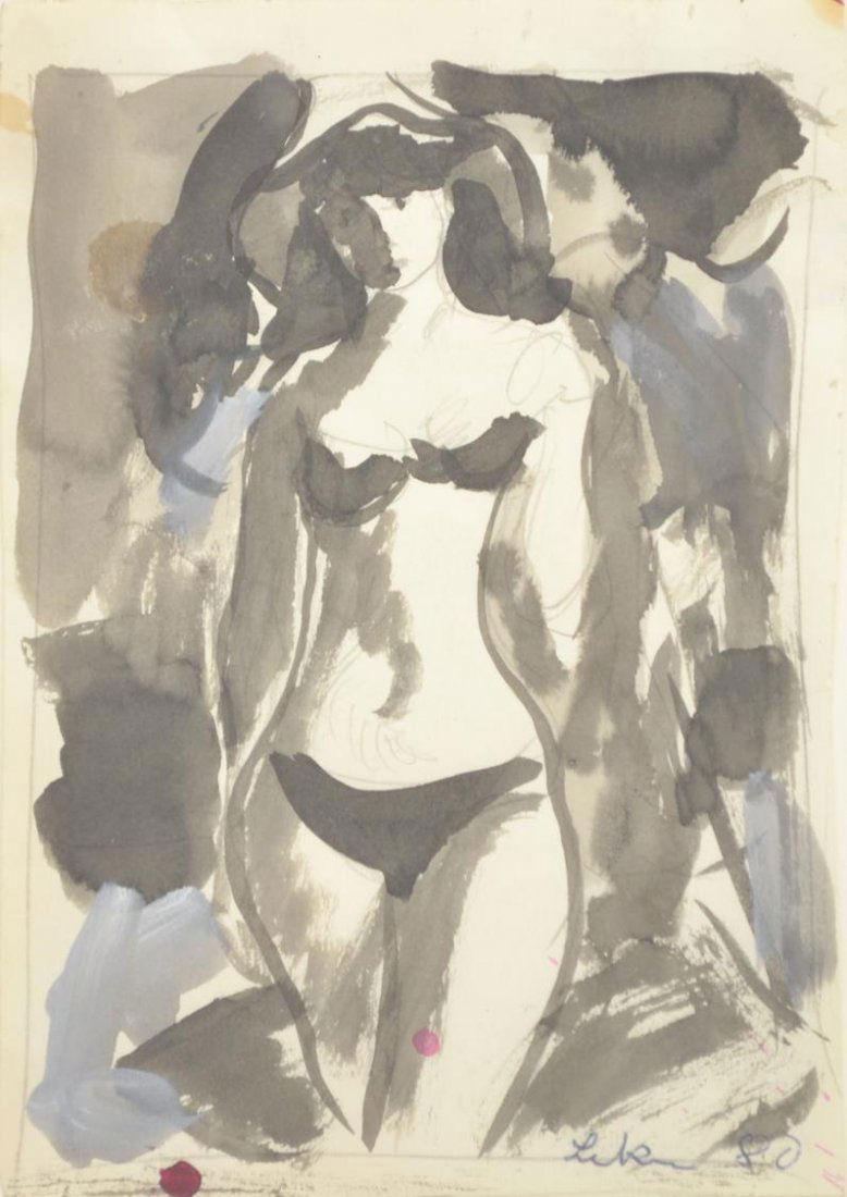 PAINTING, FEMALE PORTRAIT, GUSTAV LIKAN 1912-1998: Framed pencil and watercolor on paper, Female Portrait, signed and dated lower right Likan 80 (Gustav Likan, Yugoslavia, Illinois, Texas 1912-1998), sight: 7.75"h, 5.25"w, overall: 14.5"h, 12.5"w, 1.7