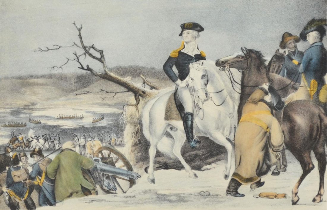 PRINT, "WASHINGTON CROSSING THE DELAWARE", CURRIER: Framed colored lithograph on paper, "Washington Crossing the Delaware", litho. and published by N. Currier (Nathaniel Currier, American, 1813-1888), New York, catalog number 6522, sight: 9.25"h, 13.25