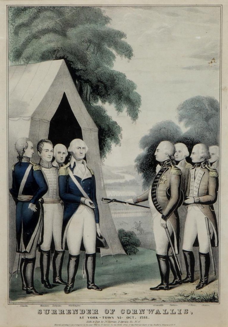 LITHOGRAPH, "SURRENDER OF CORNWALLIS", N. CURRIER: Framed colored lithograph, "Surrender of Cornwallis, at York-Town, VA", October 1781, lith. and published by N. Currier (Nathaniel Currier, American, 1813-1888), New York, catalog number 5904, sight: 