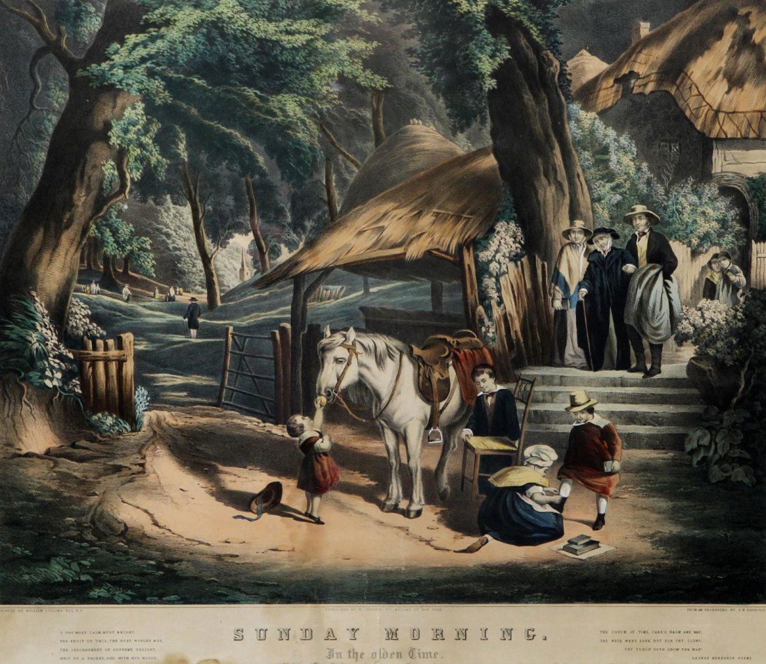 PRINT, "SUNDAY MORNING IN THE OLDEN TIME", CURRIER: Framed colored print on paper, "Sunday Morning--In the Olden Time", after the original painting by William Collins (English, 1788-1847), from an engraving by S.W. Reynolds (Samuel William Reynolds, En