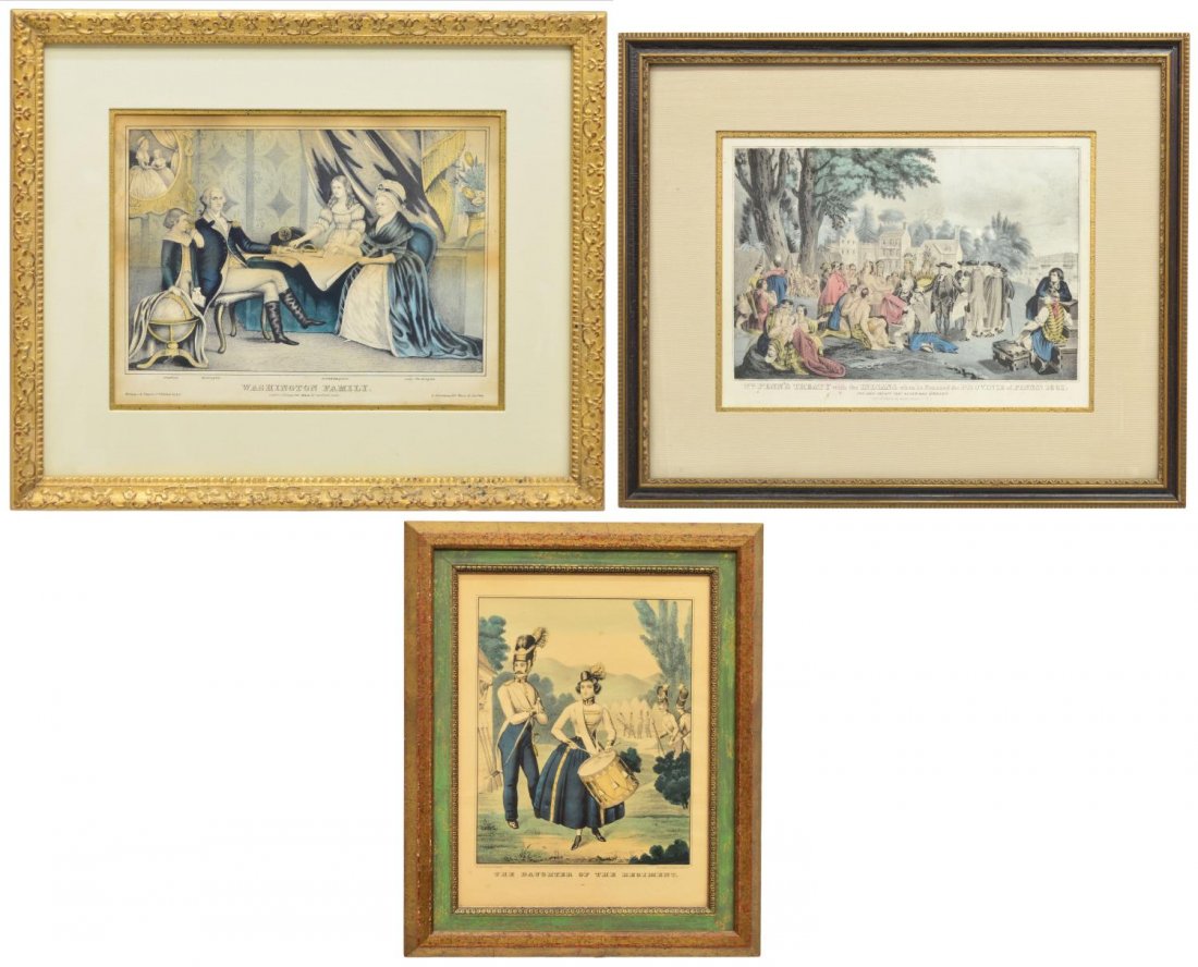 (3) CURRIER & KELLOGG AND THAYER PATRIOTIC PRINTS: (lot of 3) Group of framed patriotic prints, comprising: (1) colored lithograph, "William Penn's Treaty with the Indians", drawn on stone by N. Sarony (Napoleon Sarony, American, 1821-1896), published