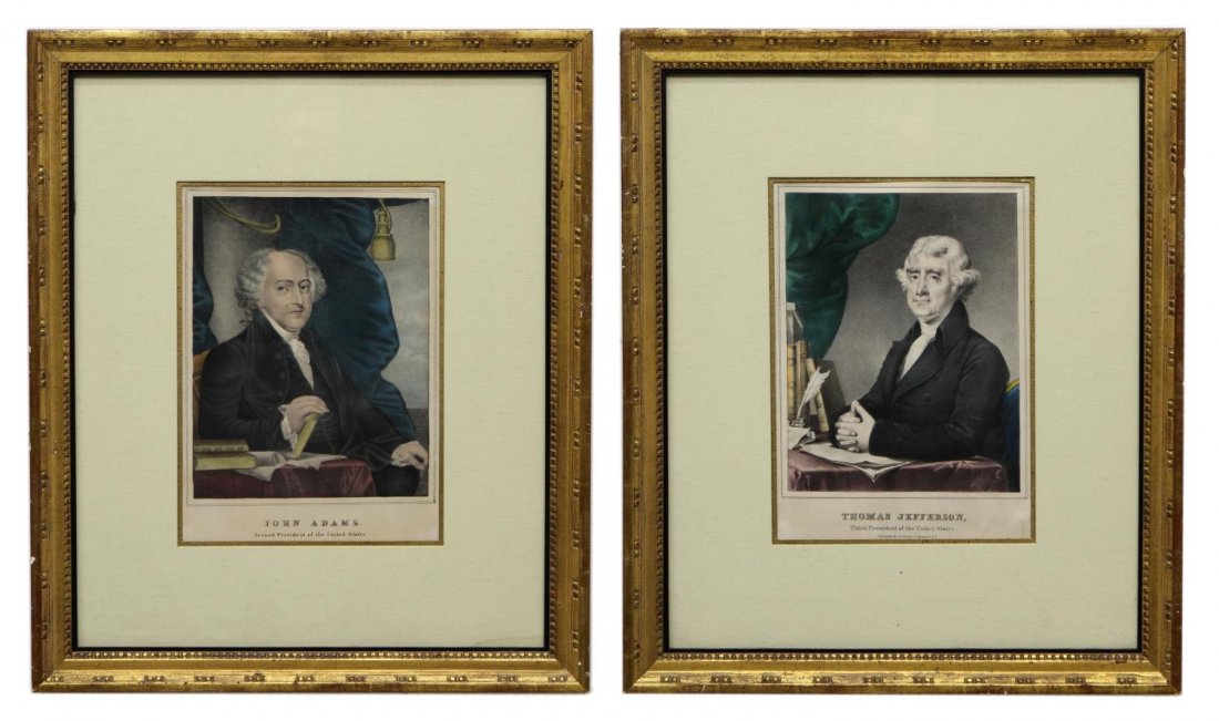 (2) PRESIDENTIAL LITHOGRAPHS, NATHANIEL CURRIER: (lot of 2) Framed colored prints on paper, lith. and published by Nathaniel Currier (American, 1813-1888), comprising: (1) lithograph, Portrait of John Adams (2nd president of the United States, 1735-
