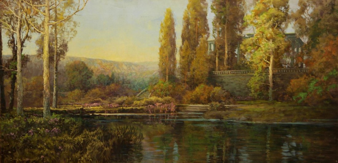 HUGE PAINTING, LANDSCAPE, A.D. GREER 46" X 95": Framed oil painting on masonite, Elysian Style Landscape, signed lower left A.D. Greer (Aubrey Dale Greer, American, 1904-1998),mounting holes at edges, sight: 46.75"h, 95.5"w, overall: 53"h, 101.75"w