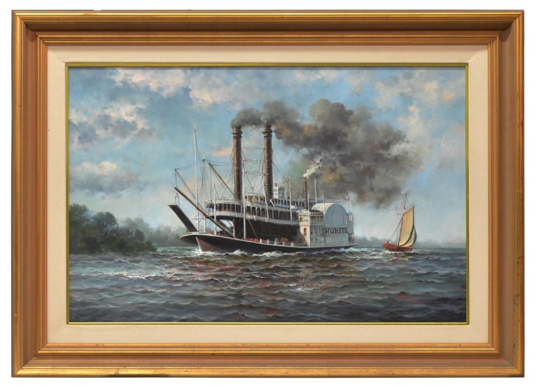 PAINTING: "THE RIVERBOAT", ROBERT SANDERS, 20TH C.: Framed oil painting on canvas, "The Riverboat", signed lower right Robert Sanders (American, 20th c.), sight: 23.5"h, 35.5"w, overall: 34"h, 45.75"w, 14lbs **Note: The steam paddle boat J.M. White, de